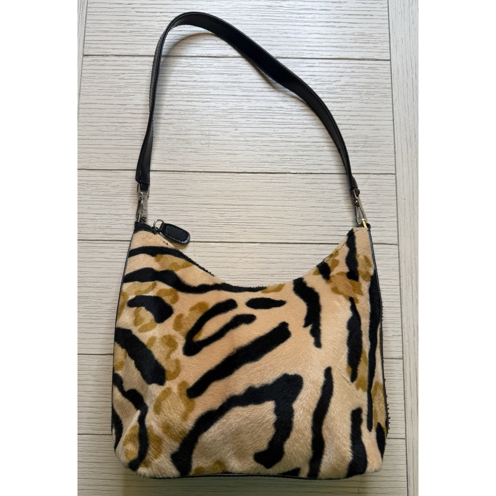 Tiger Print Black & Tan Zip Top‎ Faux Fur Shoulder Handbag. 9"x8" x5". Boho Chic - Picture 8 of 11